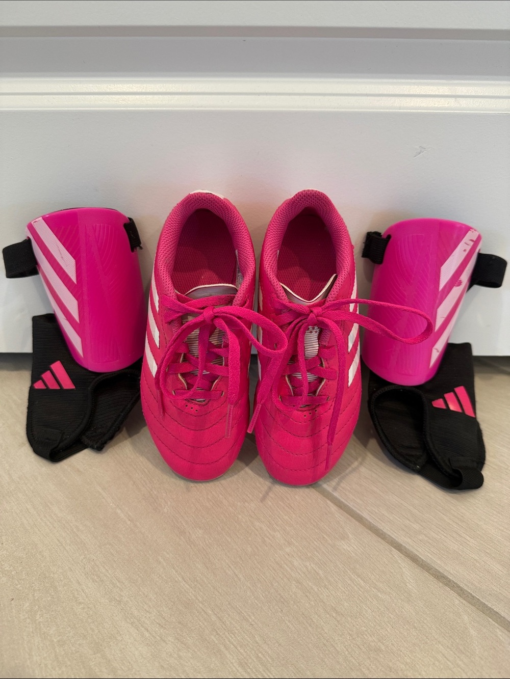 adidas Kids Bright Pink Soccer Cleats with Matching Shin Guards
